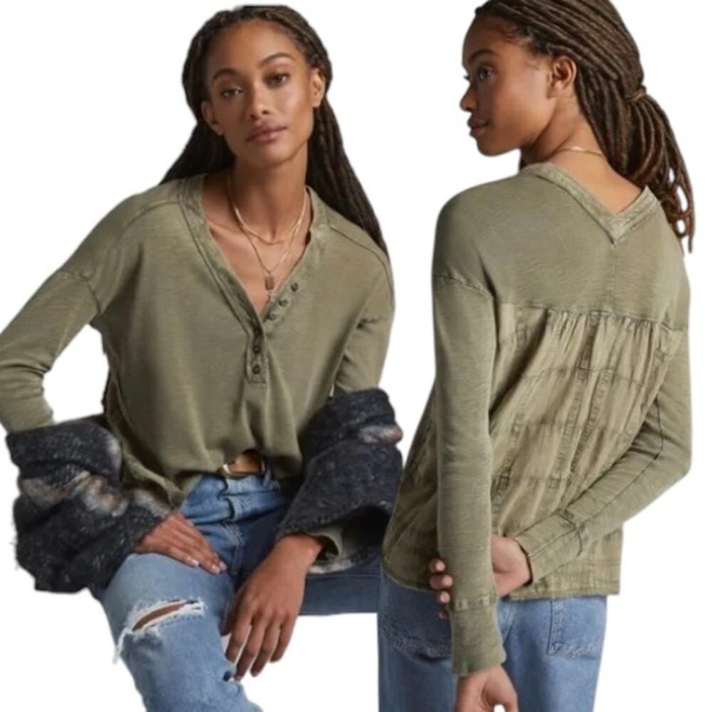 Pilcro Anthropologie Olive Green Cotton‎ Button Henley Top Size L Boho Lagenlook